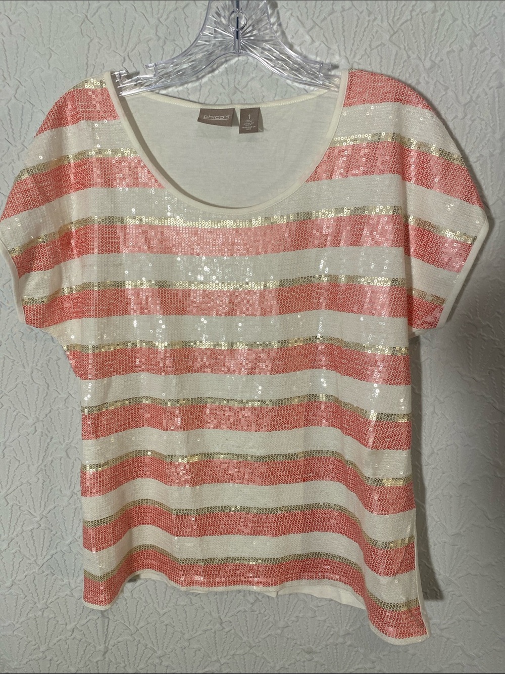 Chico's Coral, Cream & Gold Sequin Striped Scoop Neck Top Size 1 semiformal